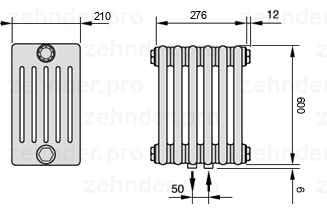 Схема (чертеж) Радиатор Zehnder Charleston 6060/6 №5410 Белый глянцевый RAL 9016